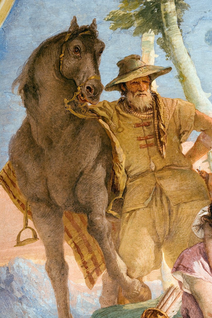 Chłop z Angeliki przychodzącej na pomoc rannemu Medorowi, z sali Orlanda Furioso w Palazzinie, 1757 r. autorstwa Giovanni Battista Tiepolo