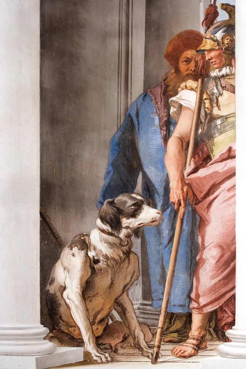 Fragment obrazu Flota grecka w Aulis, z Sali wejściowej w Palazzinie, 1757 r. autorstwa Giovanni Battista Tiepolo