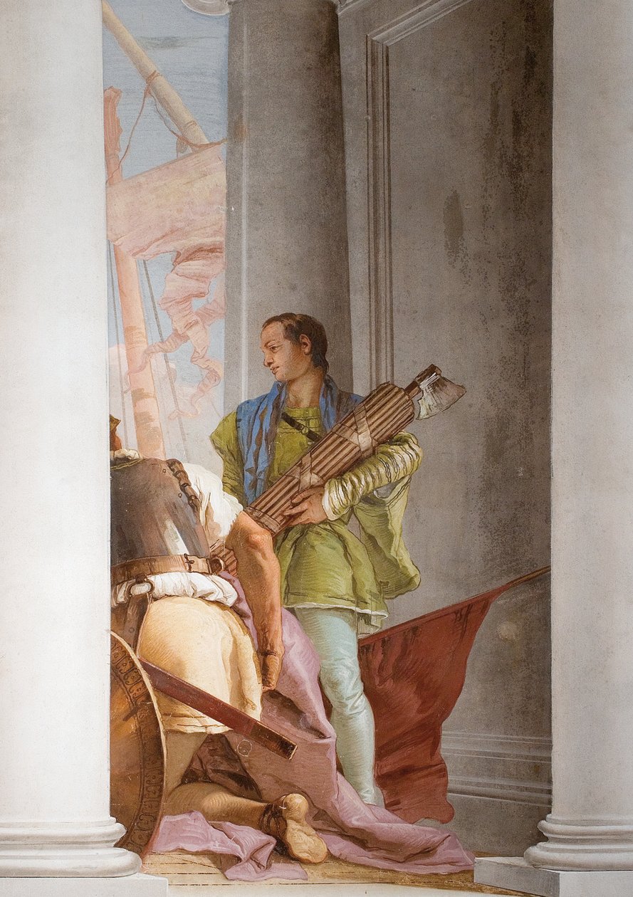 Fragment obrazu Flota grecka w Aulis, z Sali wejściowej w Palazzinie, 1757 r. autorstwa Giovanni Battista Tiepolo