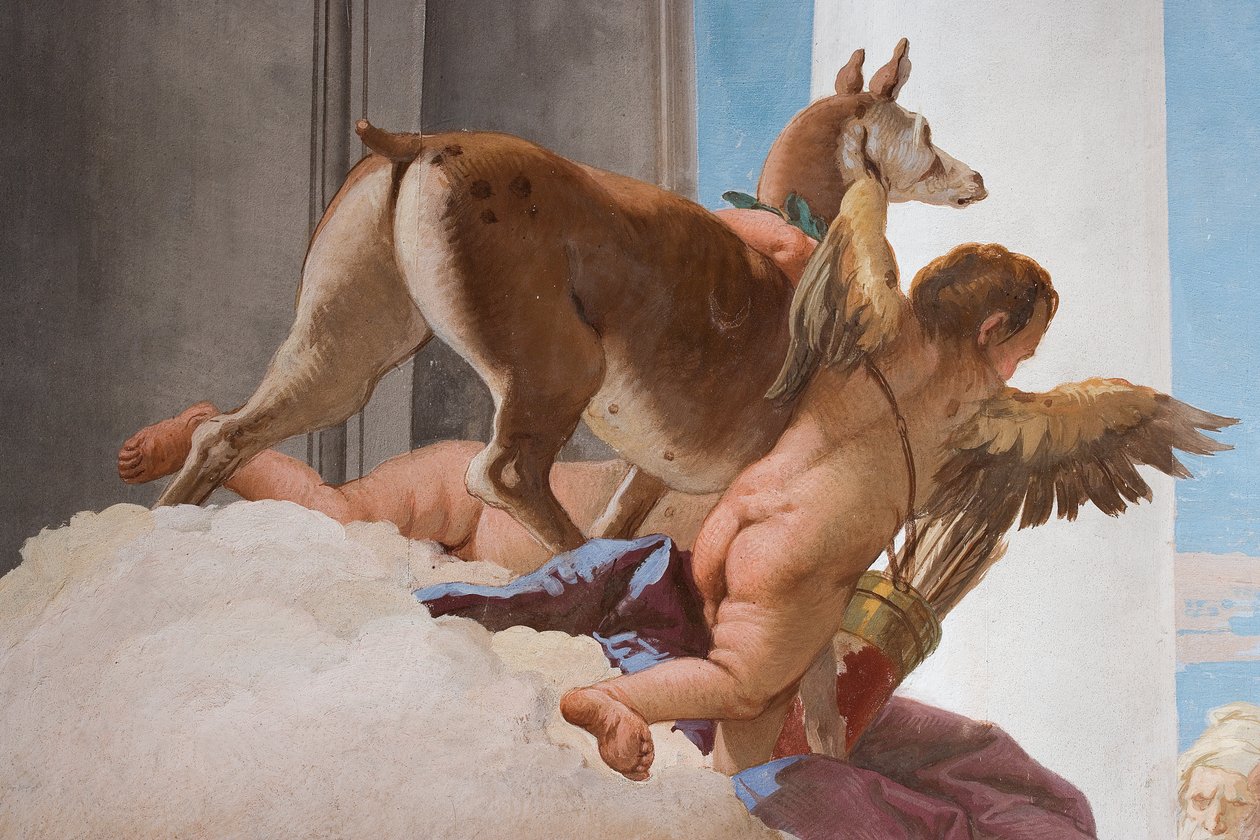 Detal jelenia ofiarnego z Ofiarowania Ifigenii, z Sali wejściowej w Palazzinie, 1757 r. autorstwa Giovanni Battista Tiepolo