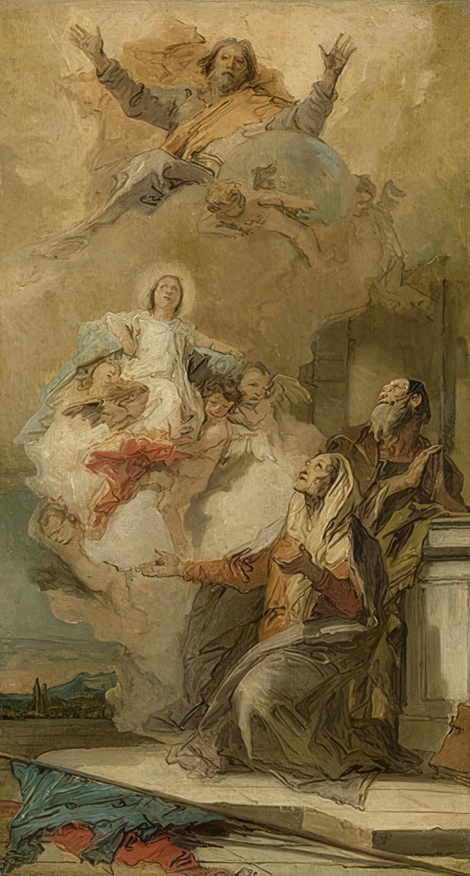 Niepokalane Poczęcie (Joachim i Anna przyjmują Maryję od Boga). Około 1757-59 r. autorstwa Giovanni Battista Tiepolo