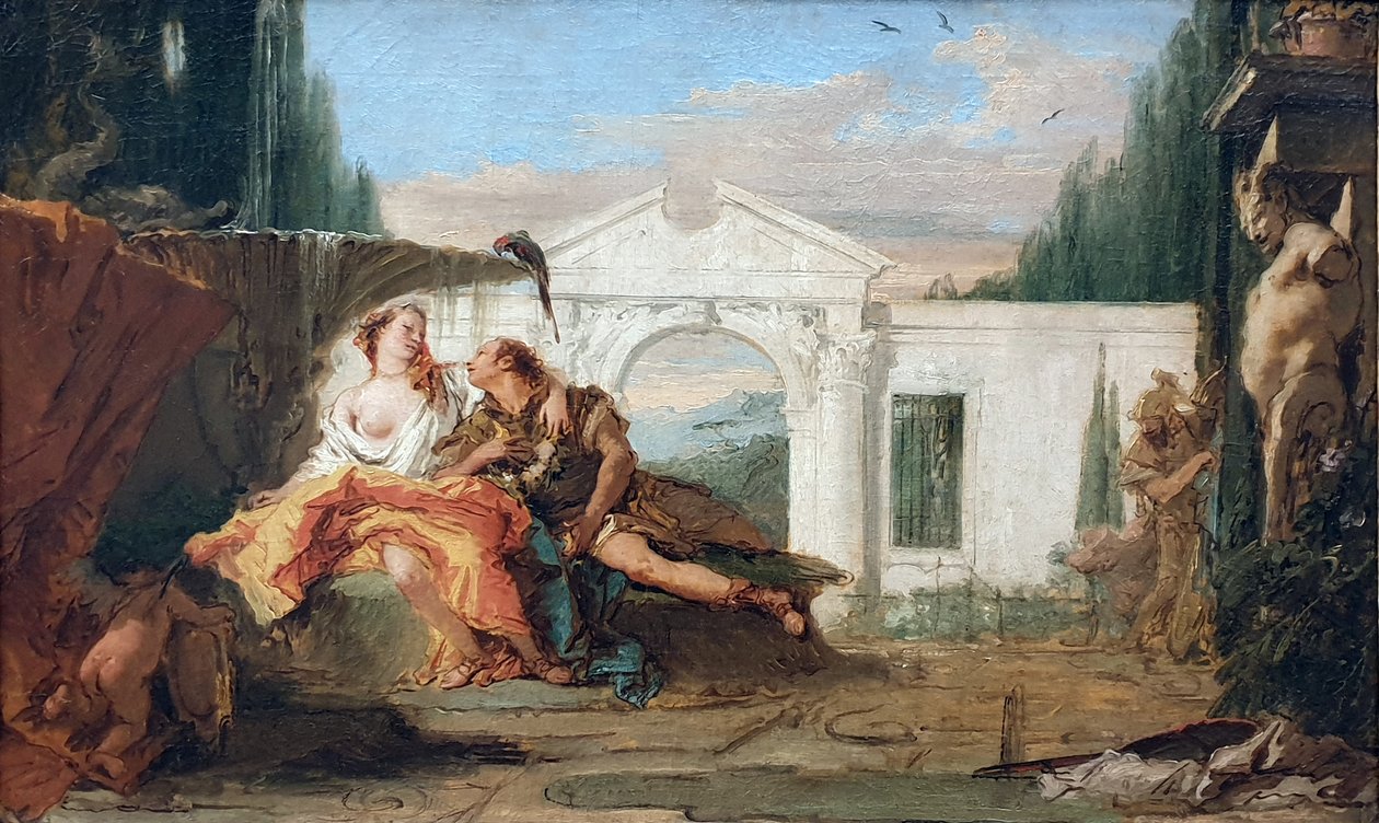 Niemiecki:  Rinaldo und Armida im Zaubergarten Armidas, von Carlo und Ubaldo belauscht Rinaldo i Armida w magicznym ogrodzie Armidy, podsłuchiwani przez Carlo i Ubaldo autorstwa Giovanni Battista Tiepolo