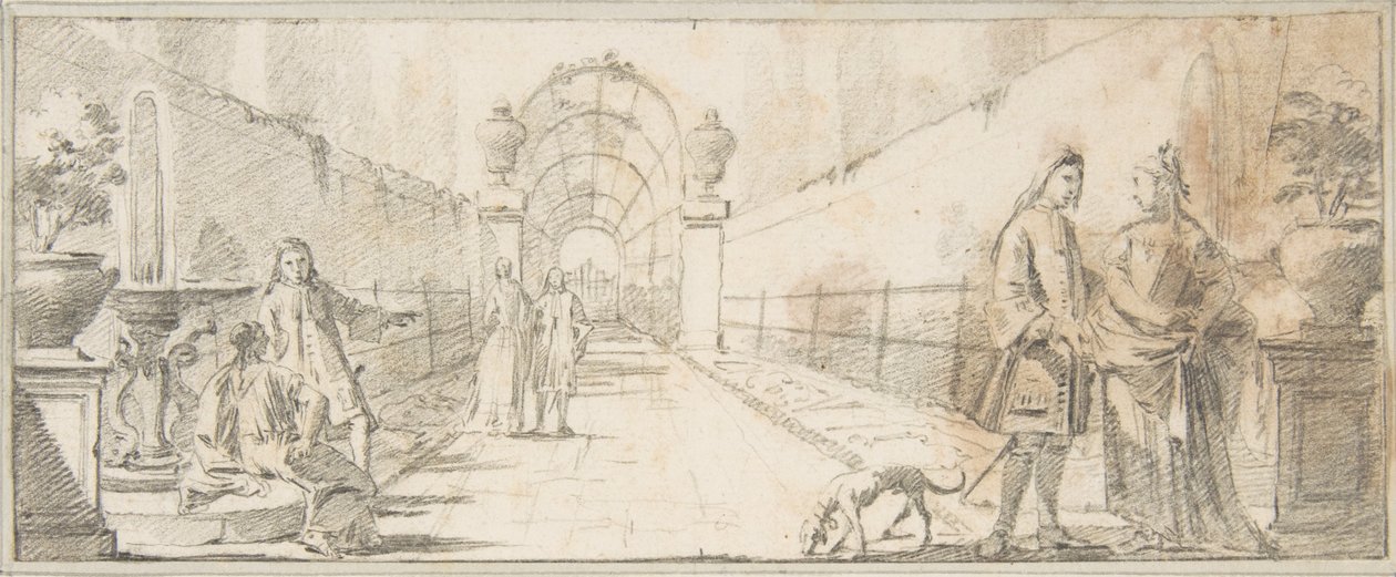 Ilustracja do książki: Postacie rozmawiające w ogrodzie autorstwa Giovanni Battista Tiepolo