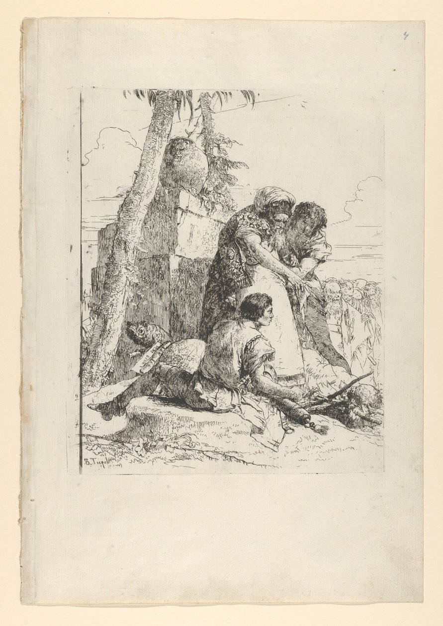 Iluzjonista wskazujący płonącą głowę dwóm młodzieńcom ze Scherzi, ok. godz. 1743-50. autorstwa Giovanni Battista Tiepolo