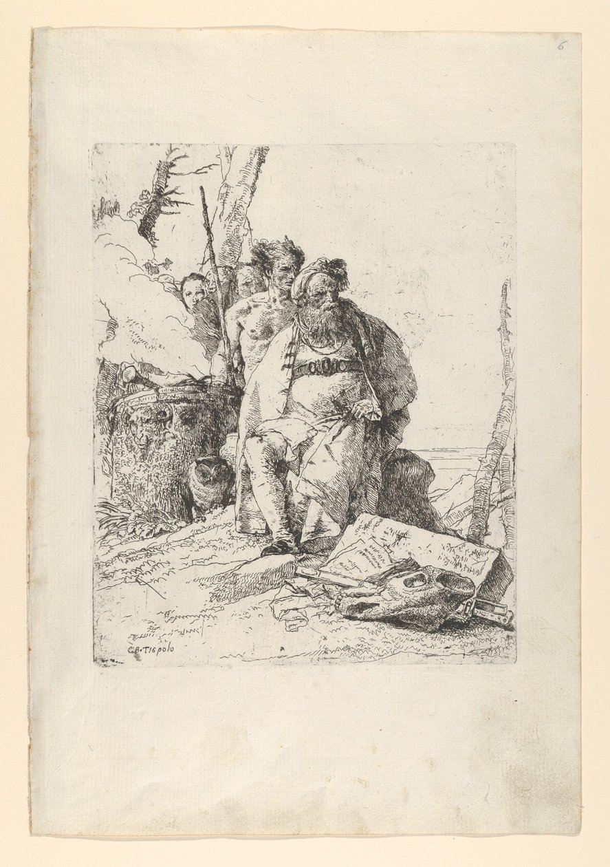 Magik z czterema Postaciami przy dymiącym Ołtarzu, ze Scherzi, ca. 1743-52. autorstwa Giovanni Battista Tiepolo