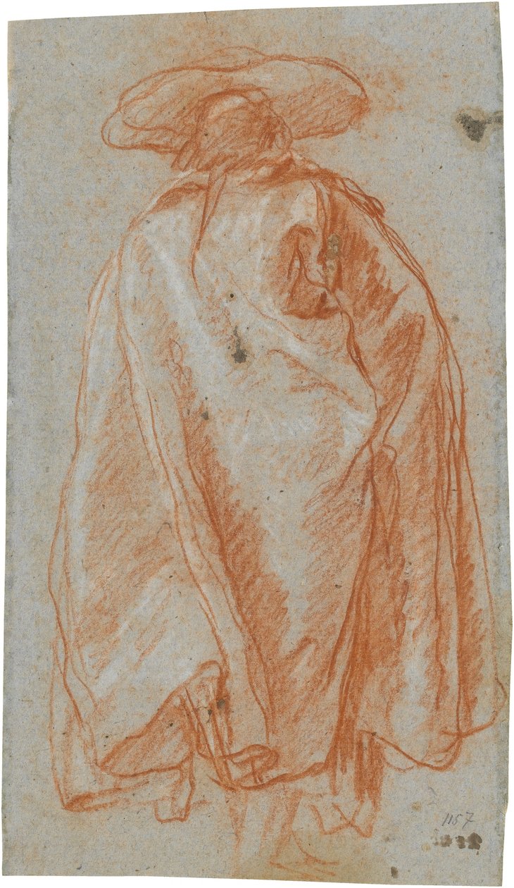 Mann in Mantel und Hut von rückwärts gesehen; verso: Studie eines linken Armes autorstwa Giovanni Battista Tiepolo