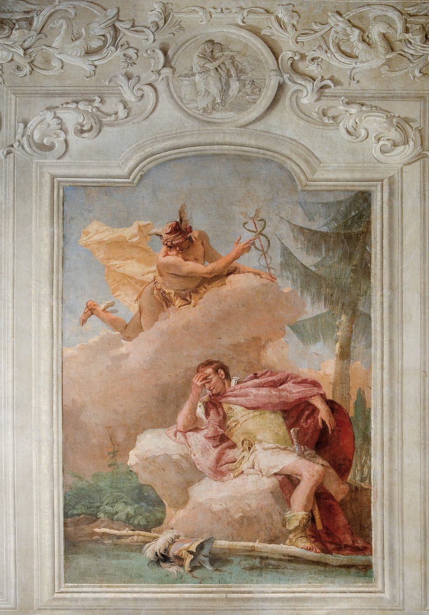 Merkury wzywa Eneasza do opuszczenia Kartaginy, z pokoju Eneidy w Palazzina, 1757 autorstwa Giovanni Battista Tiepolo