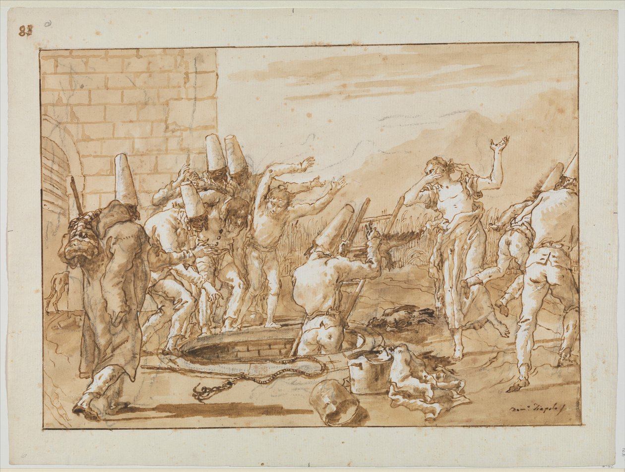 Punchinello odzyskuje martwe ptactwo ze studni, ok. 1800 autorstwa Giovanni Battista Tiepolo