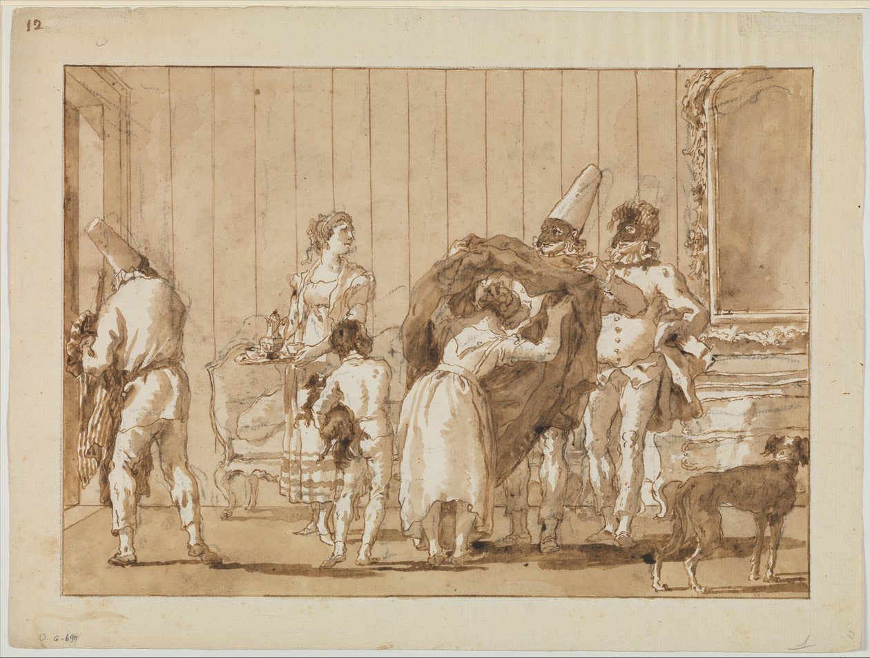 Punchinello jako krawcowa, ok. 1800 autorstwa Giovanni Battista Tiepolo