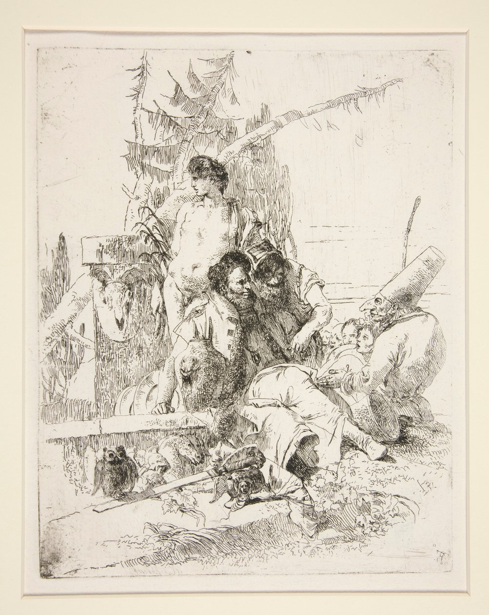 Punchinello rozmawiający z dwoma magami z serii Scherzi di Fantasia autorstwa Giovanni Battista Tiepolo