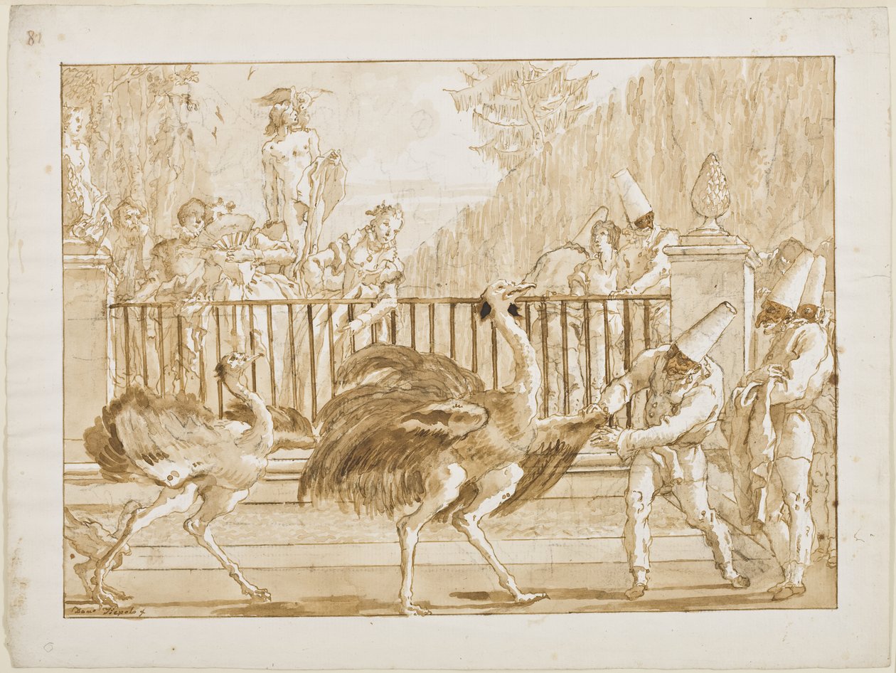 Punchinello ze strusiami, ok. 1800 (pióro i jasnobrązowy tusz (prawdopodobnie bistre) i pędzel przemyj czarną kredą na papierze wykładanym) autorstwa Giovanni Battista Tiepolo