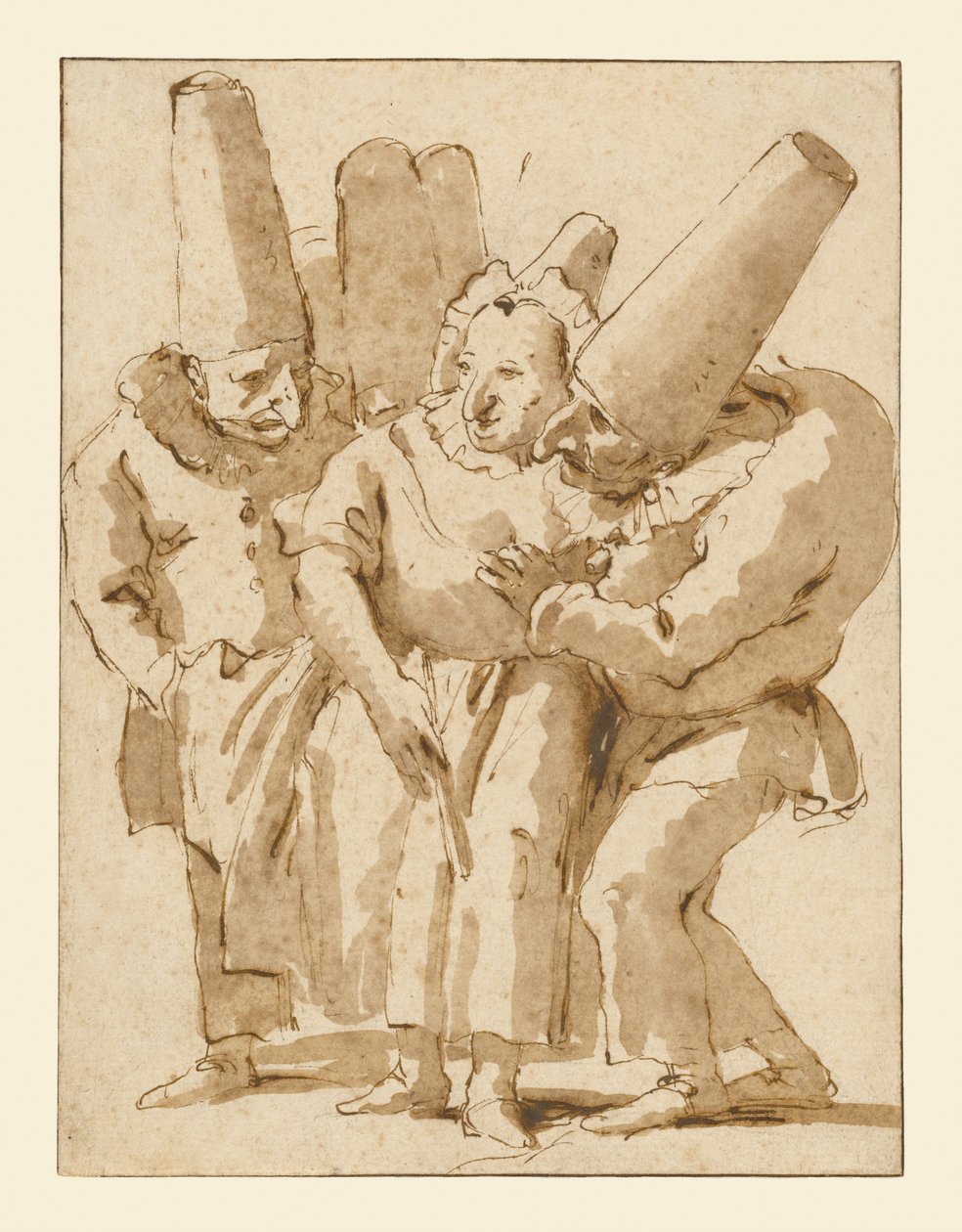 Punchinellos zbliżający się do kobiety autorstwa Giovanni Battista Tiepolo