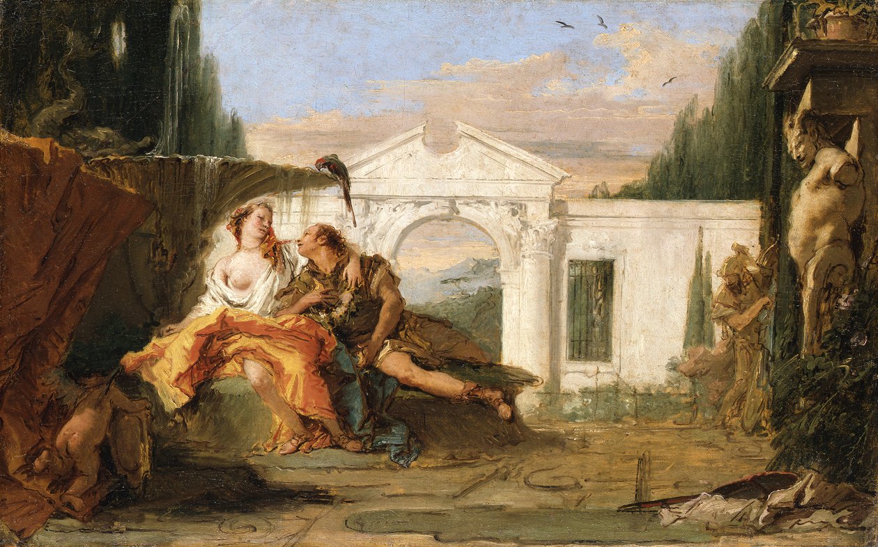 Rinaldo i Armida w zaczarowanym ogrodzie Arminy, podsłuchiwani przez Carla i Ubalda autorstwa Giovanni Battista Tiepolo