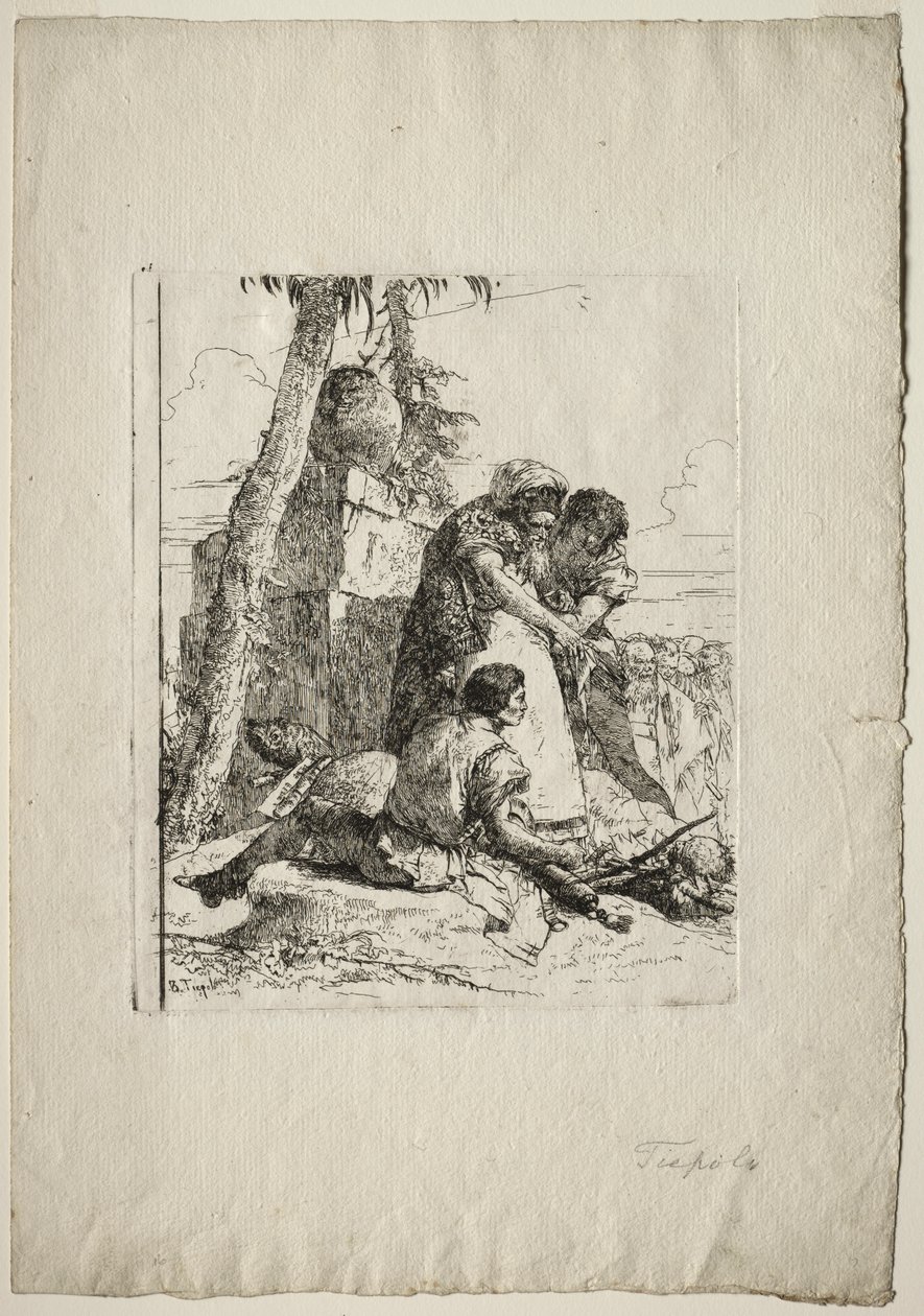 Scherzi di Fantasia: Magik wskazujący płonącą głowę dwóm młodzieńcom autorstwa Giovanni Battista Tiepolo