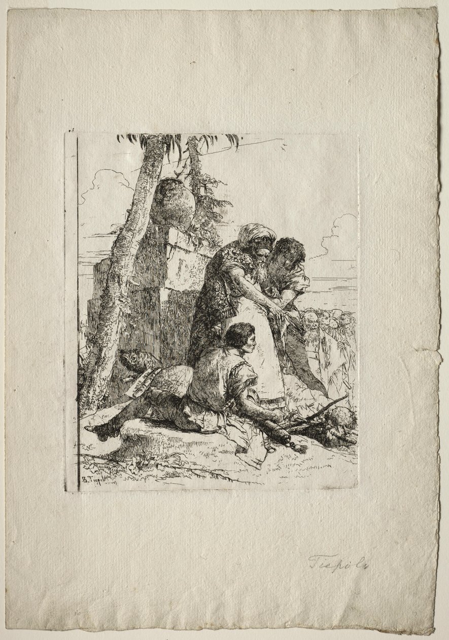 Scherzi di Fantasia: Magik wskazujący płonącą głowę dwóm młodzieńcom, lata 50. XVIII wieku. autorstwa Giovanni Battista Tiepolo