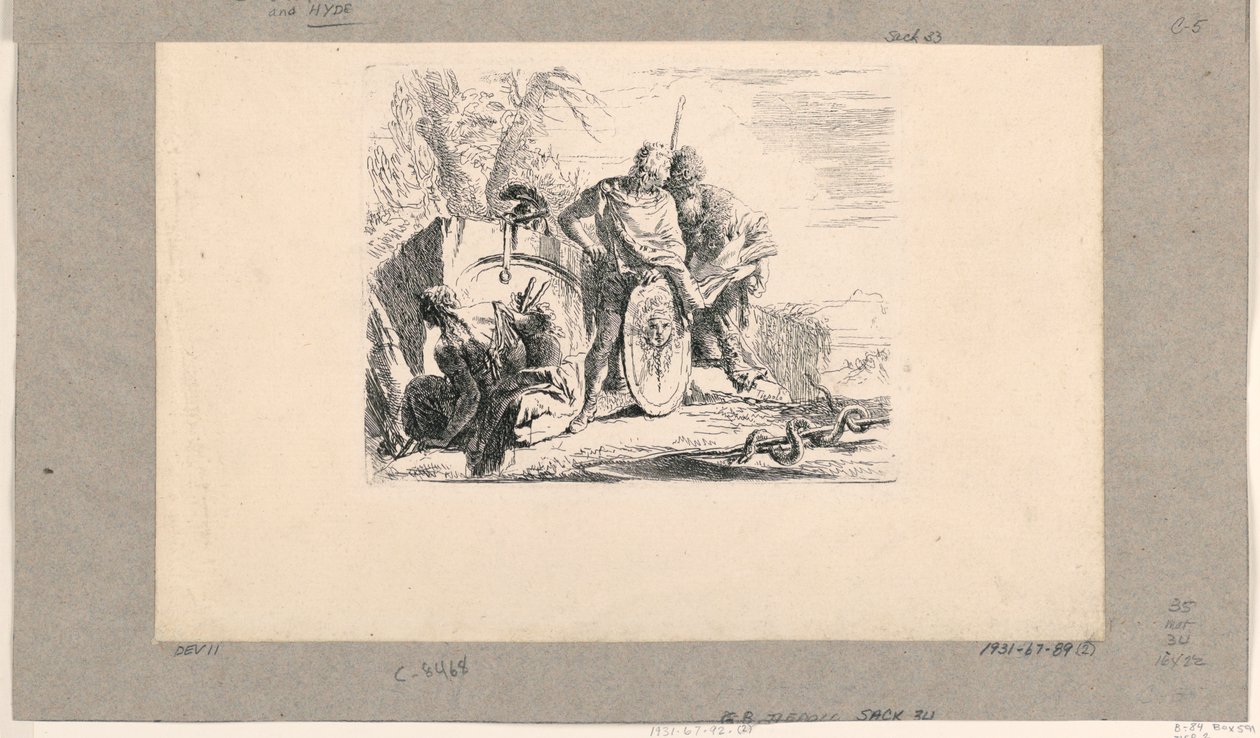 Siedząca kobieta, młody żołnierz i mag z Vari Capricci autorstwa Giovanni Battista Tiepolo