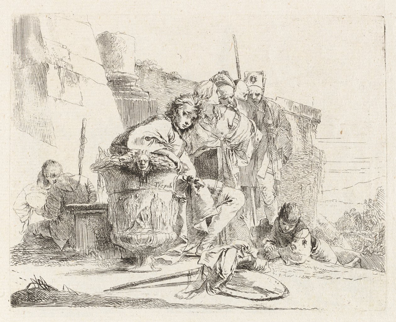 Siedząca młodzież oparta o urnę, z Vari capricci (Różne Capriccios) autorstwa Giovanni Battista Tiepolo
