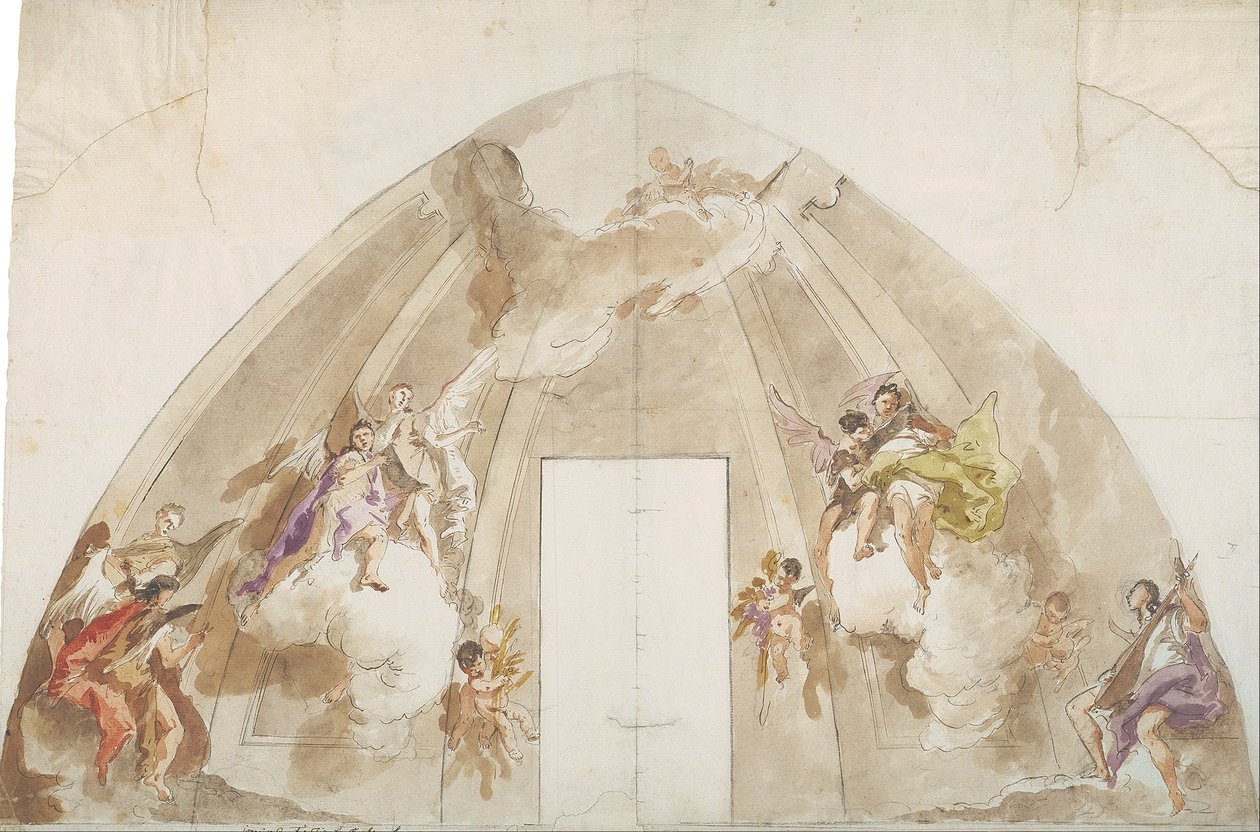 Śpiewające i muzykujące anioły: Rysunek przygotowawczy do sufitu katedry w Udine autorstwa Giovanni Battista Tiepolo