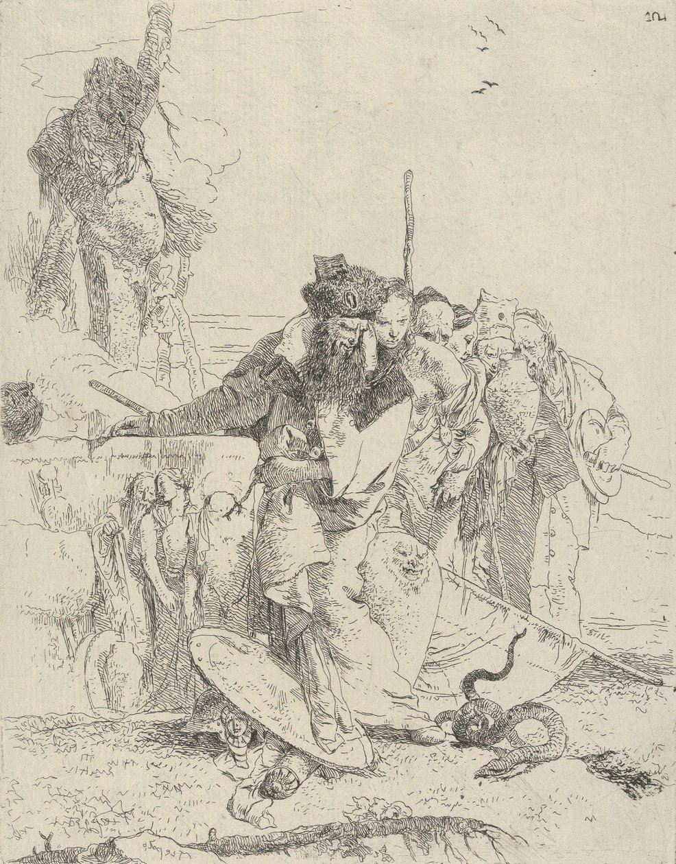 Sześć osób obserwujących węża ze Scherzi, ok. godz. 1743-50. autorstwa Giovanni Battista Tiepolo