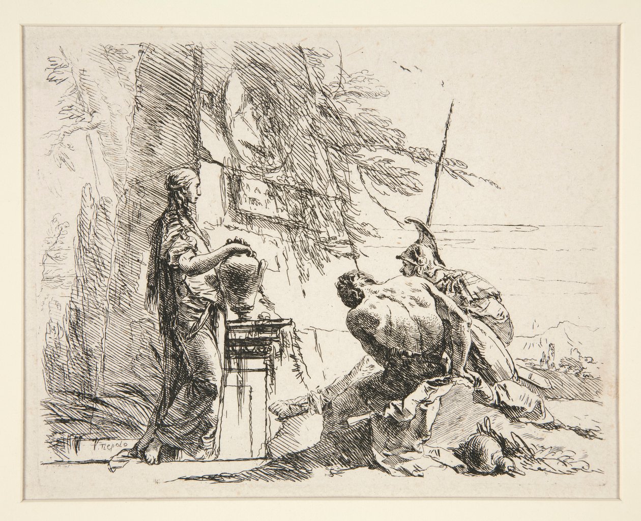 Stojąca kobieta i siedzący mężczyzna przed obeliskiem, z serii Vari Capricci autorstwa Giovanni Battista Tiepolo