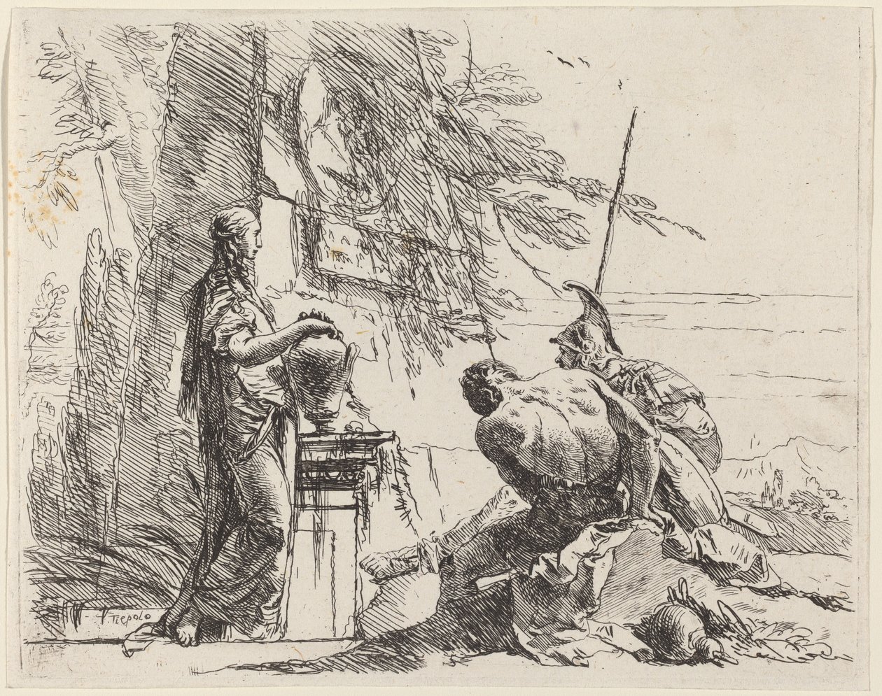 Stojąca kobieta i siedzący mężczyźni przed obeliskiem autorstwa Giovanni Battista Tiepolo