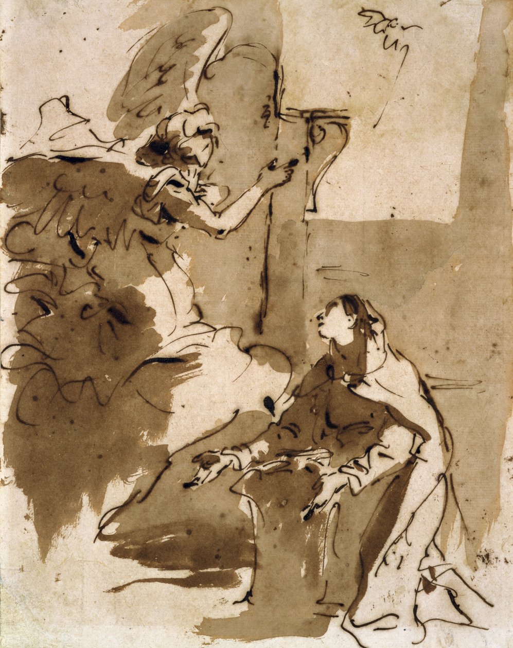 Zwiastowanie (pióro i brązowy tusz oraz brązowe pranie na papierze) autorstwa Giovanni Battista Tiepolo