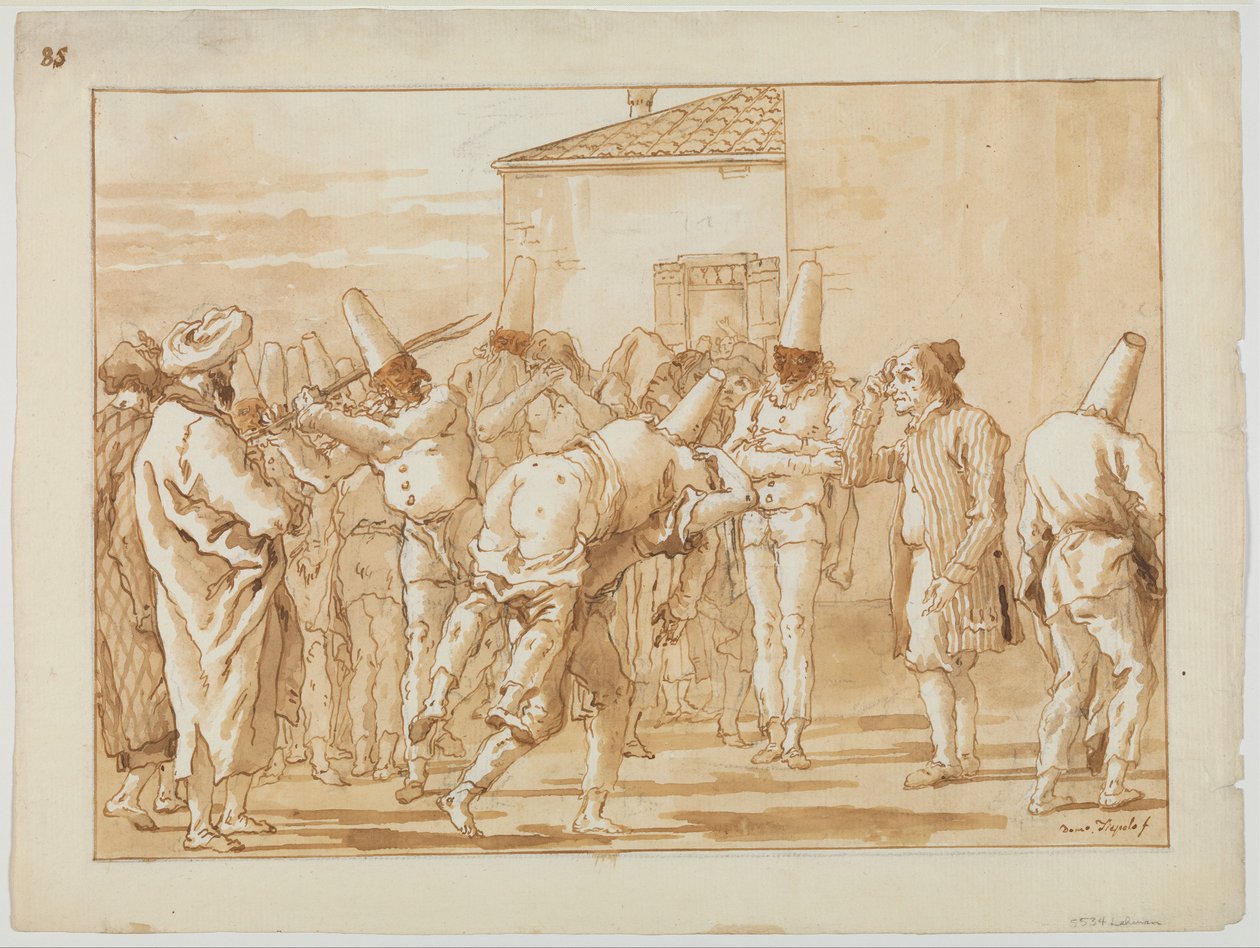 Biczowanie Punchinello, ok. 1800 autorstwa Giovanni Battista Tiepolo
