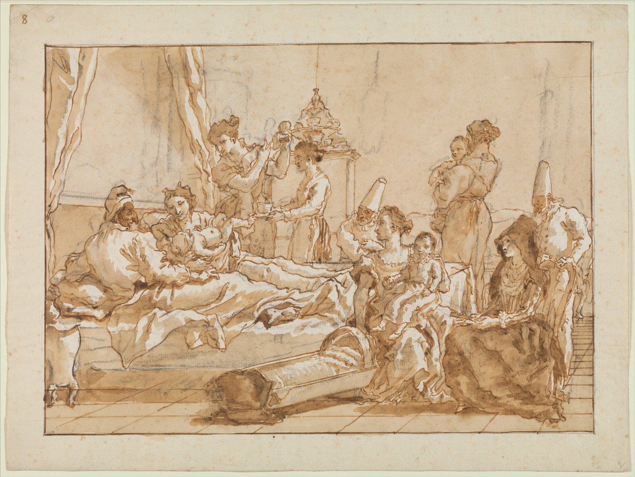 Niemowlę Punchinello w łóżku z rodzicami, ok. 1800 autorstwa Giovanni Battista Tiepolo