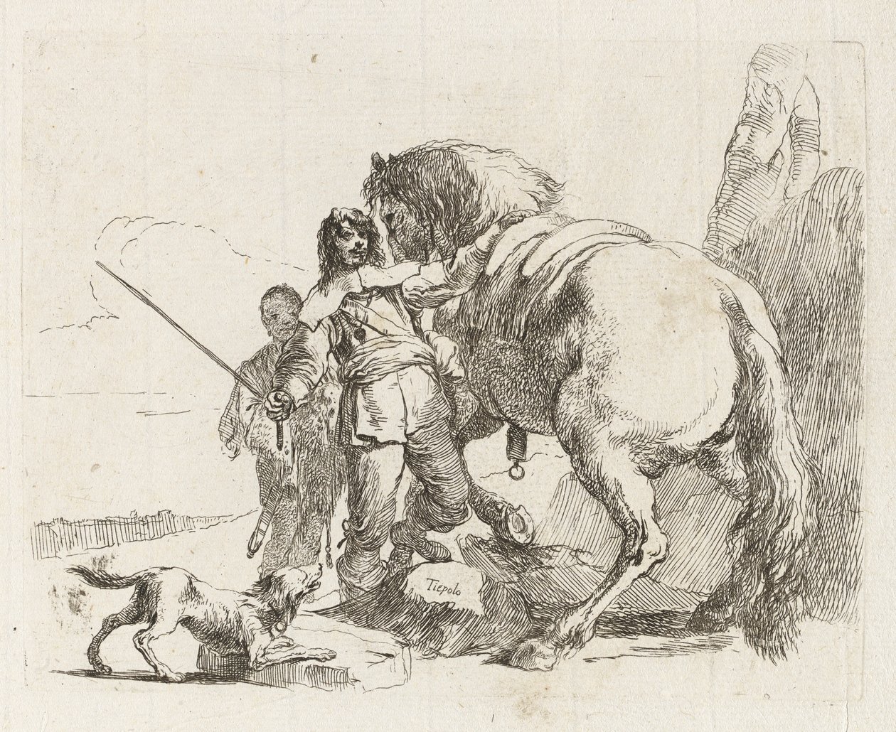 Jeździec stojący przy swoim koniu, z Vari capricci (Różne Capriccios) autorstwa Giovanni Battista Tiepolo