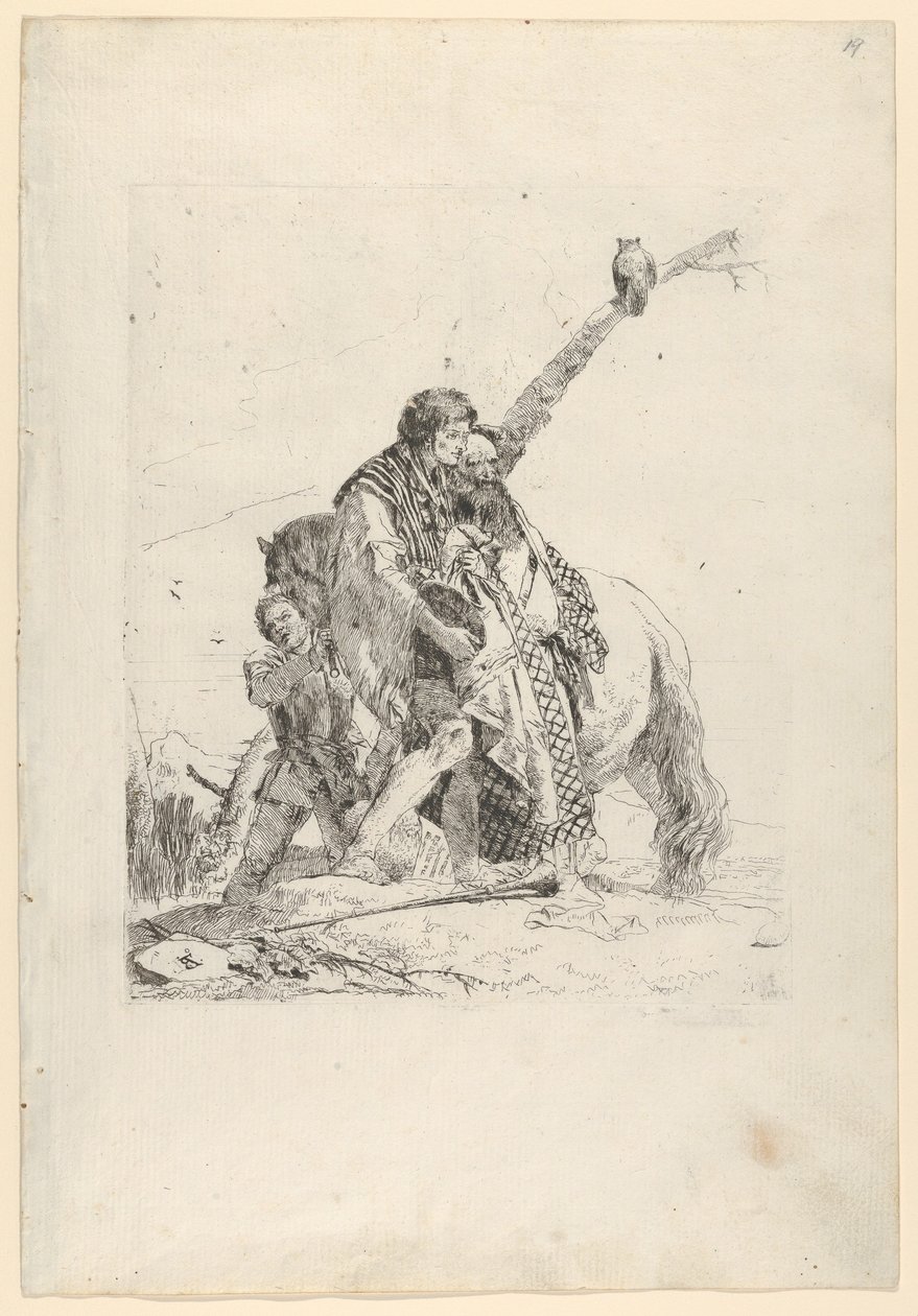 Trzech mężczyzn stojących obok konia, ze Scherzi, ca. 1740. autorstwa Giovanni Battista Tiepolo