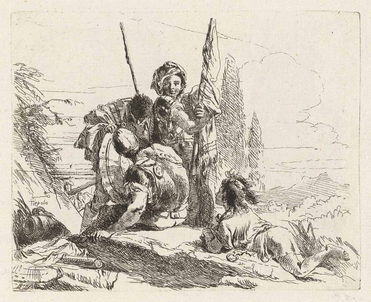 Trzej żołnierze i chłopiec, z Vari capricci (Różne Capriccios) autorstwa Giovanni Battista Tiepolo