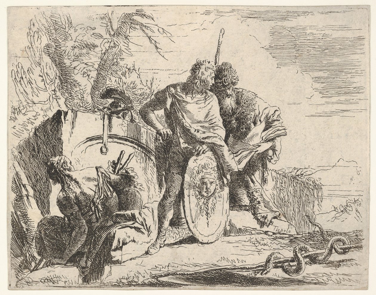 Trzy postacie i wąż owinięty wokół laski, otoczony pejzażem, wiek XVIII. autorstwa Giovanni Battista Tiepolo