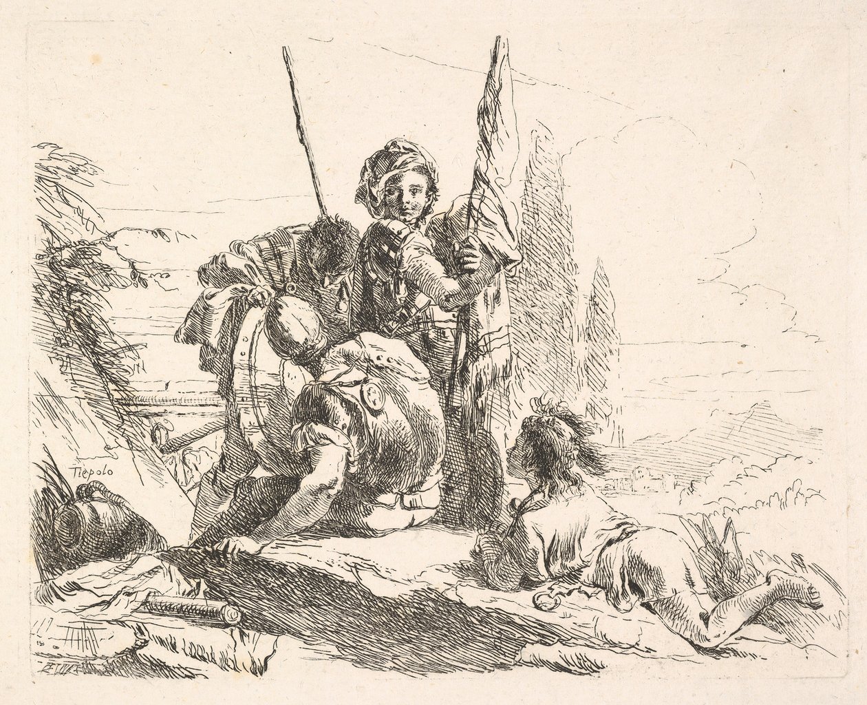 Trzech żołnierzy i młodzieniec leżący na brzuchu w krajobrazie, żołnierze niosą..., ca. 1740-42. autorstwa Giovanni Battista Tiepolo