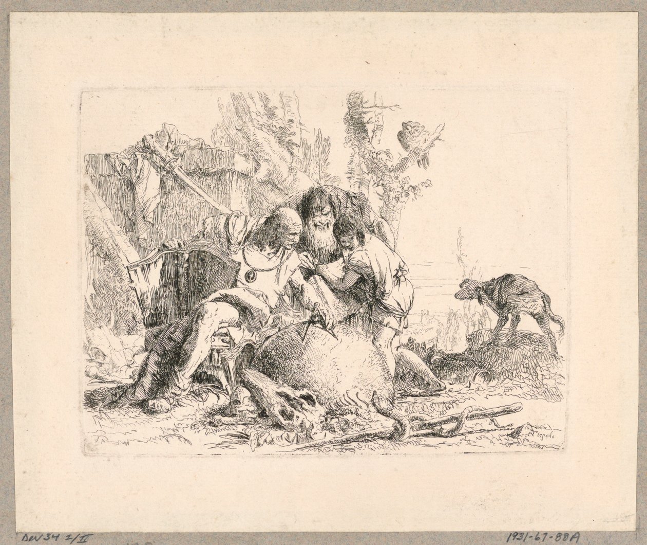 Dwóch filozofów i chłopiec, tablica 22 ze Scherzi di Fantasia autorstwa Giovanni Battista Tiepolo