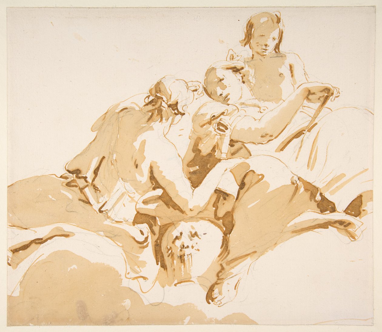 Zwei sitzende Frauen und ein Junge auf Wolken autorstwa Giovanni Battista Tiepolo