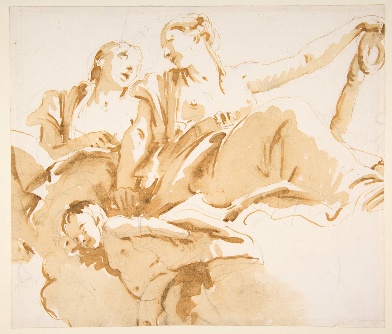 Zwei Frauen, eine hält einen Anker, und ein Putto auf Wolken autorstwa Giovanni Battista Tiepolo