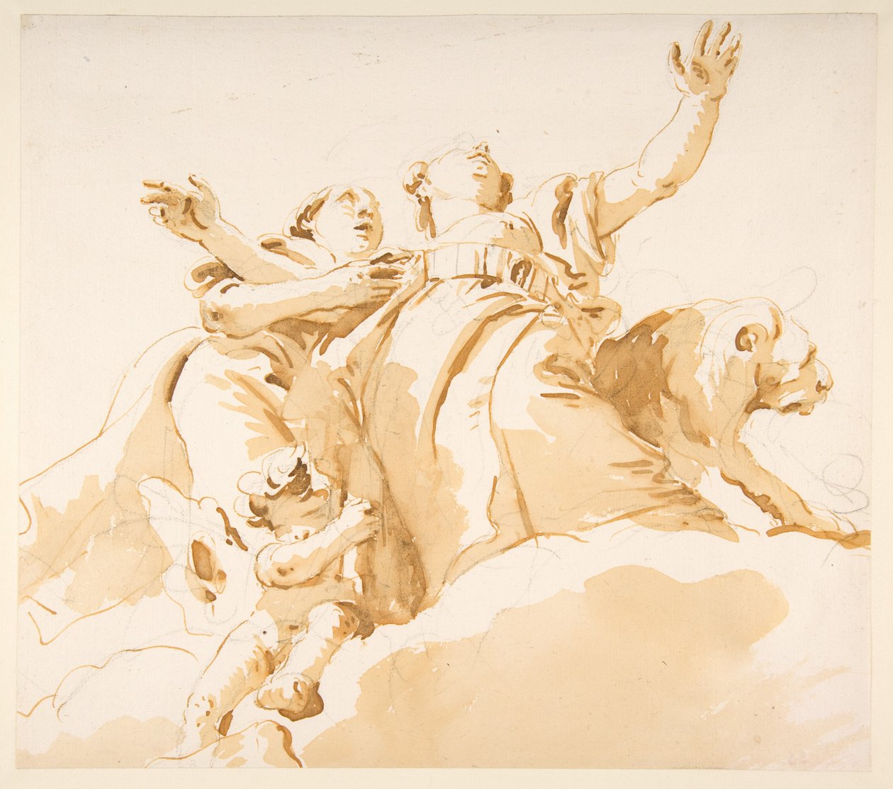 Zwei Frauen, ein Löwe und ein Putto auf Wolken autorstwa Giovanni Battista Tiepolo