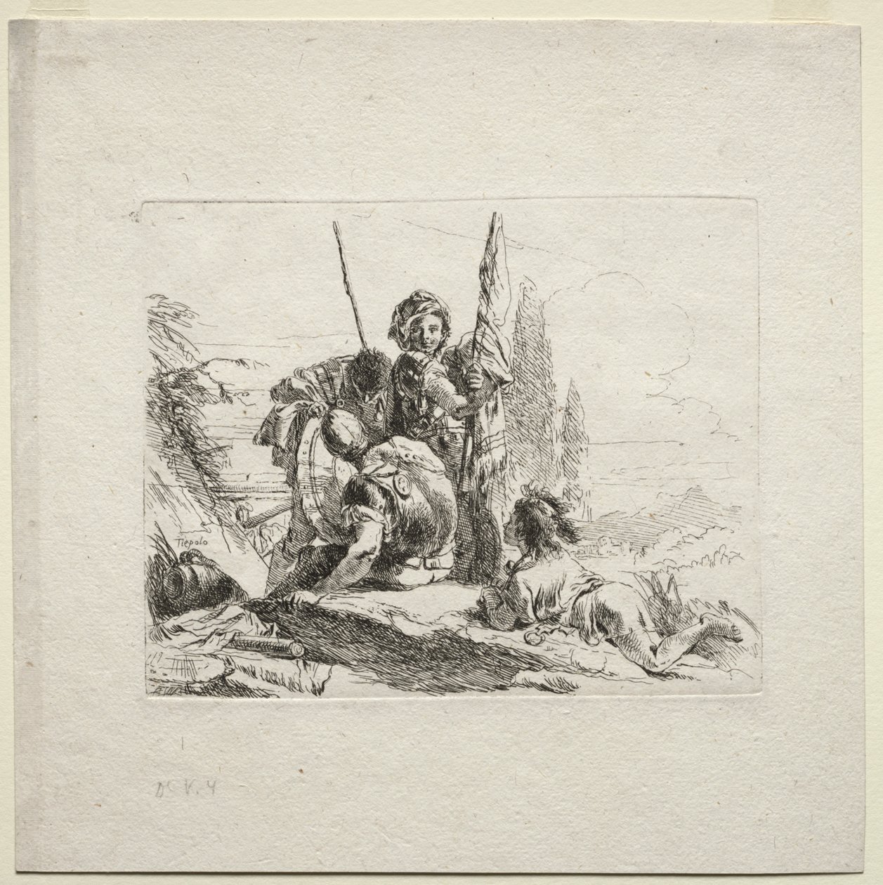 Różne kaprysy: Trzej żołnierze i chłopiec autorstwa Giovanni Battista Tiepolo