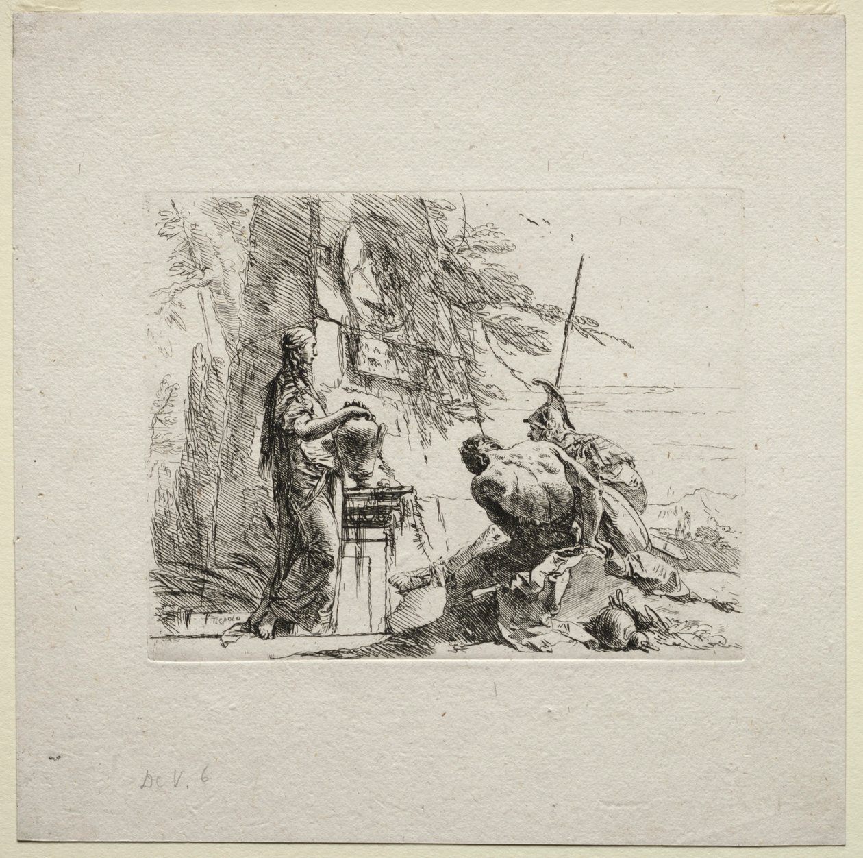 Różne kaprysy: Kobieta stojąca z rękami na wazonie, 1785. autorstwa Giovanni Battista Tiepolo