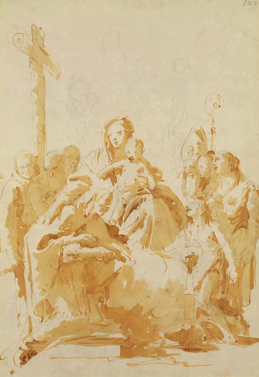 Dziewica z Dzieciątkiem adorowana przez biskupów, mnichów i kobiety, 1735-40 (pióro i brązowy tusz z brązowym rozmyciem na czarnej kredzie na papierze wykładanym) autorstwa Giovanni Battista Tiepolo