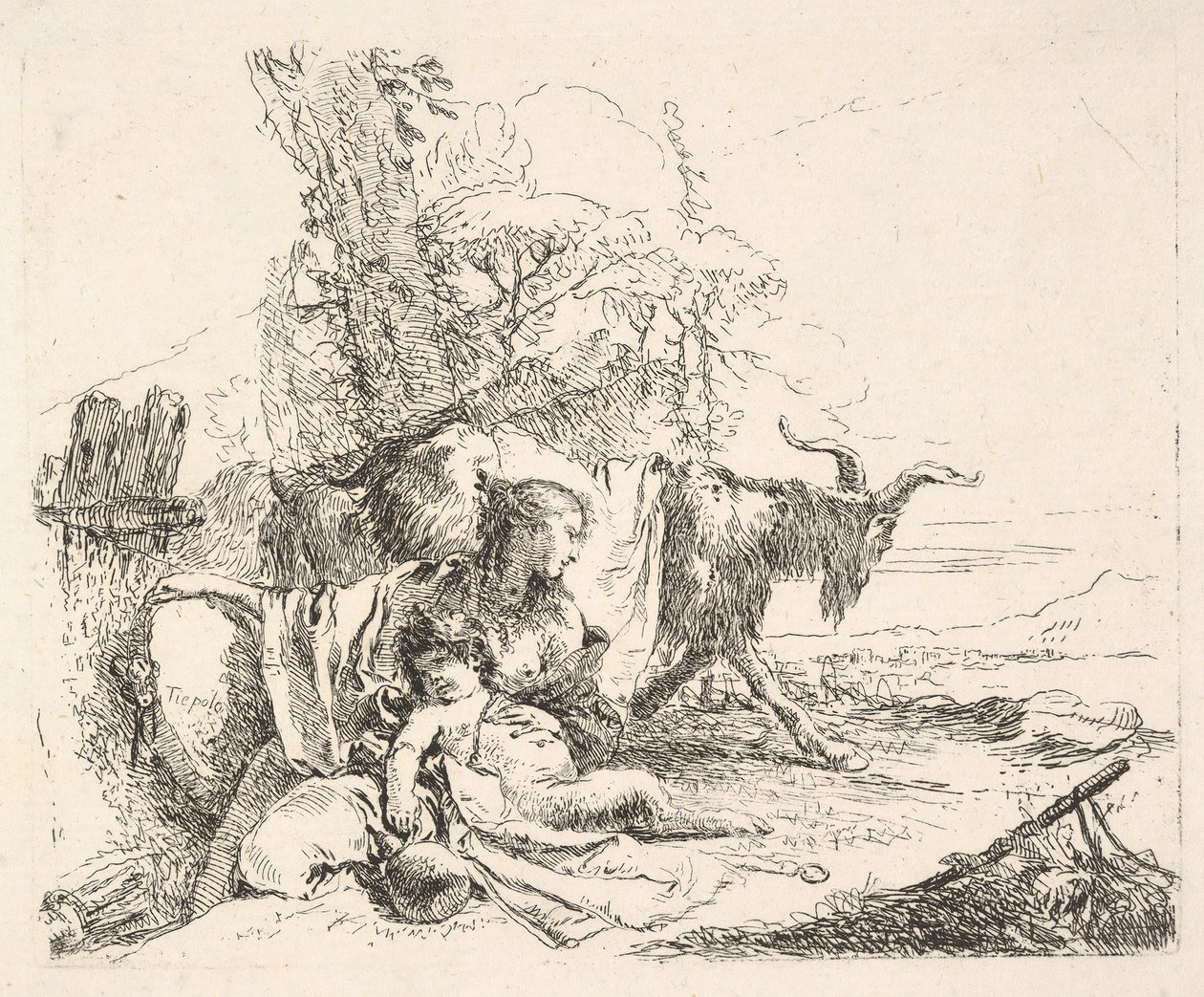 Kobieta i niemowlę satyr w krajobrazie, kobieta obracająca się, by spojrzeć nad lewą but..., ca. 1740-42. autorstwa Giovanni Battista Tiepolo