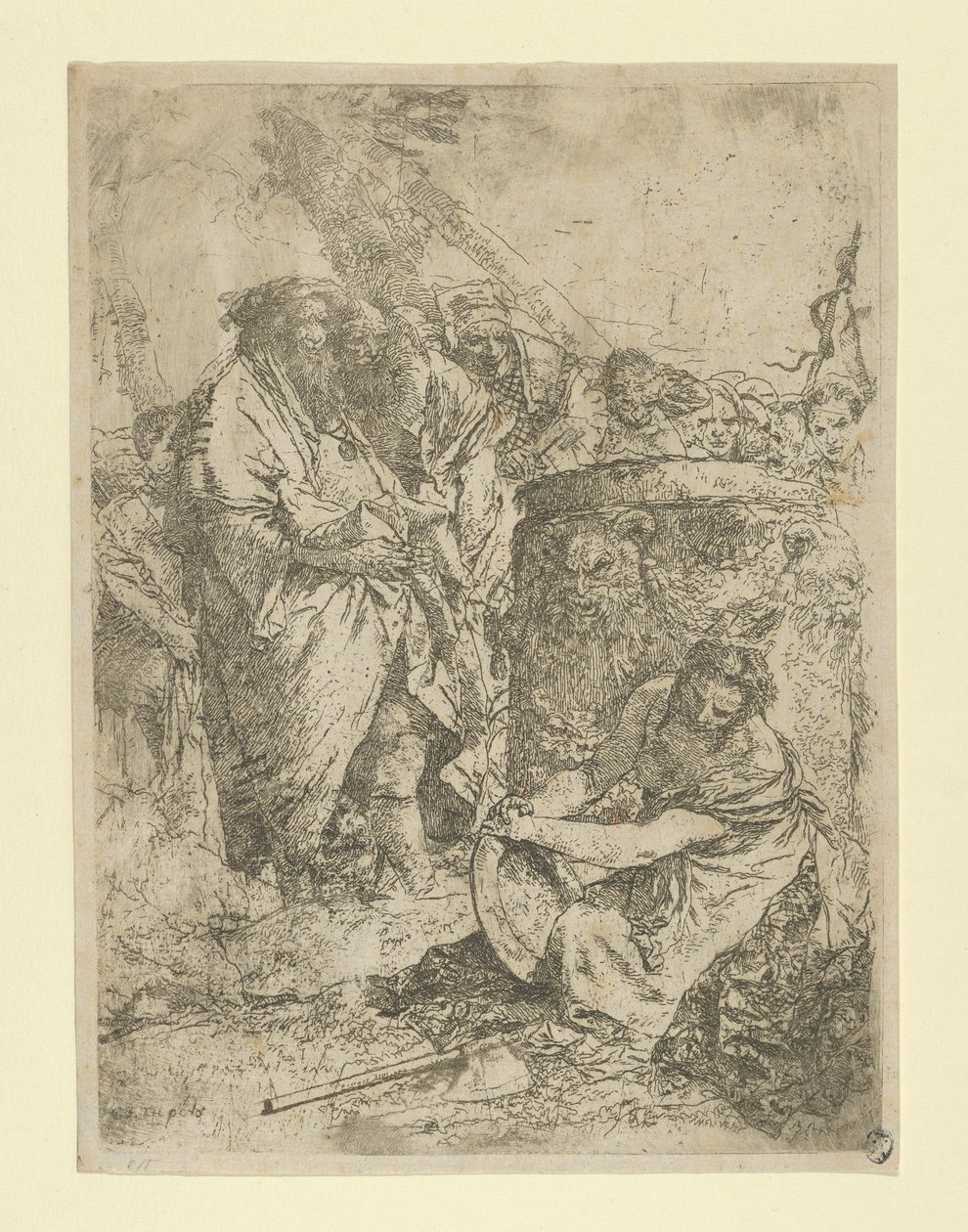 Kobieta klęcząca przed Czarodziejami i innymi Postaciami, ze Scherzi, ca. 1740. autorstwa Giovanni Battista Tiepolo