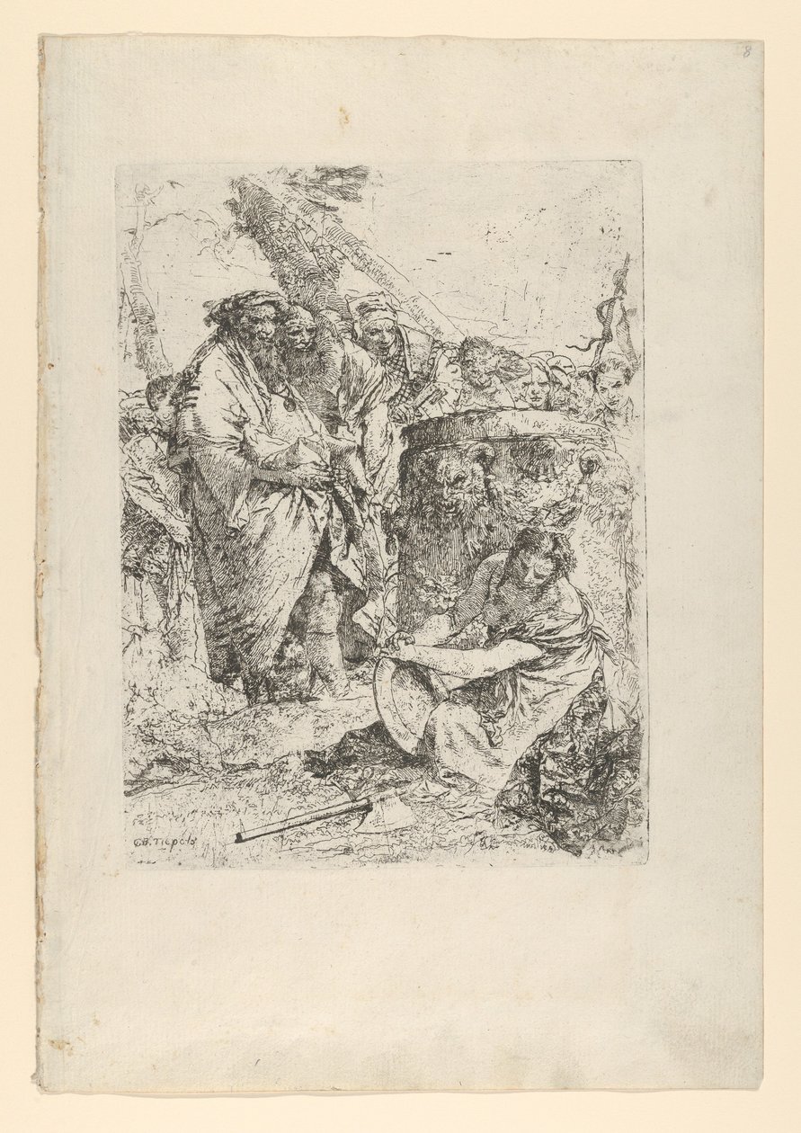 Kobieta klęcząca przed iluzjonistami i innymi postaciami ze Scherzi, ca. 1743-50. autorstwa Giovanni Battista Tiepolo