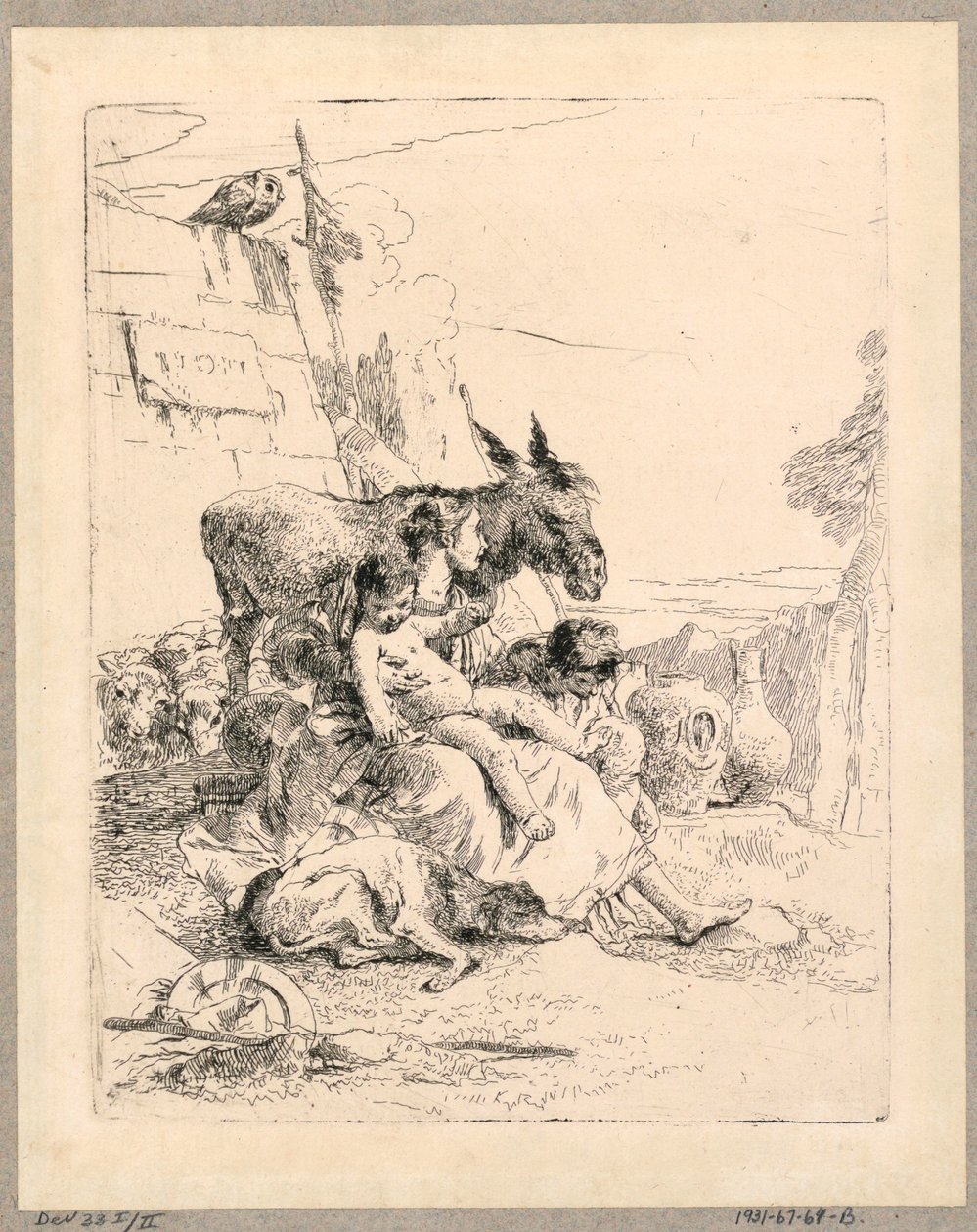 Kobieta z dwójką dzieci i osłem, tablica 21 ze Scherzi di Fantasia autorstwa Giovanni Battista Tiepolo