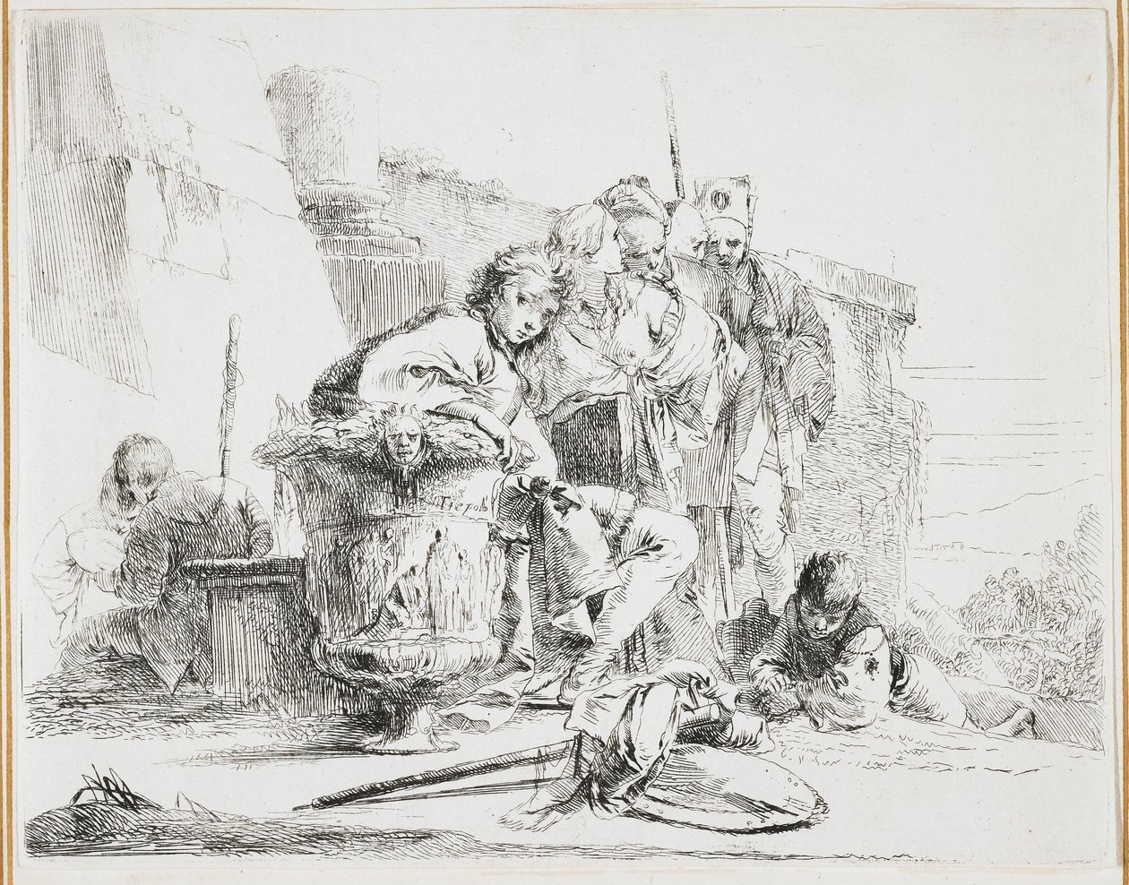 Młody mężczyzna siedzący, opierający się o urnę, płyta z Vari Capricci (Kaprysy różne), 1740 autorstwa Giovanni Battista Tiepolo