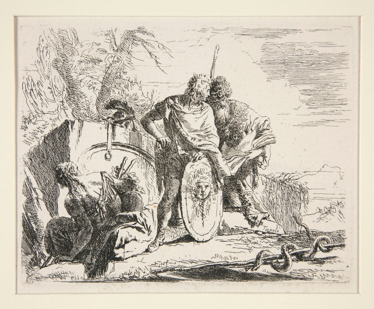 Młody żołnierz z filozofem i siedzącą kobietą, z serii Vari Capricci autorstwa Giovanni Battista Tiepolo