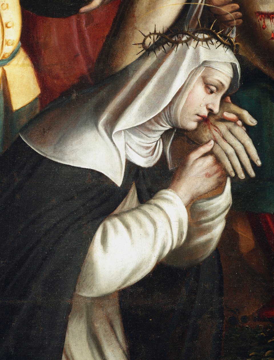 La deposition Detal reprezentantka św. Katarzyny ze Sieny - (Szczegóły osadzania przedstawiające św Katarzynę ze Sieny) Obraz Giovanniego Battisty Secco dit il Caravaggino (czynny 1572-1625) 1616 Kaplica Santa Corona, Basilica di Santa Maria delle Grazi autorstwa Giovanni Battista called Caravaggino Secco