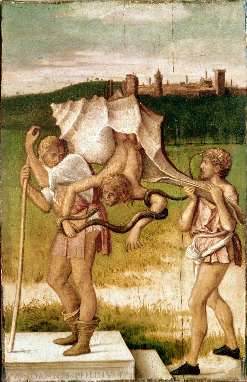 Alegoria medycyna lub zawiści Postać olbrzymiej muszli, wąż owija się wokół jego ramienia, Obraz na drewnie Giovanniego Belliniego dit Giambellino (1425/1433-1516) 1480-1490 Wenecja, Gallerie dell