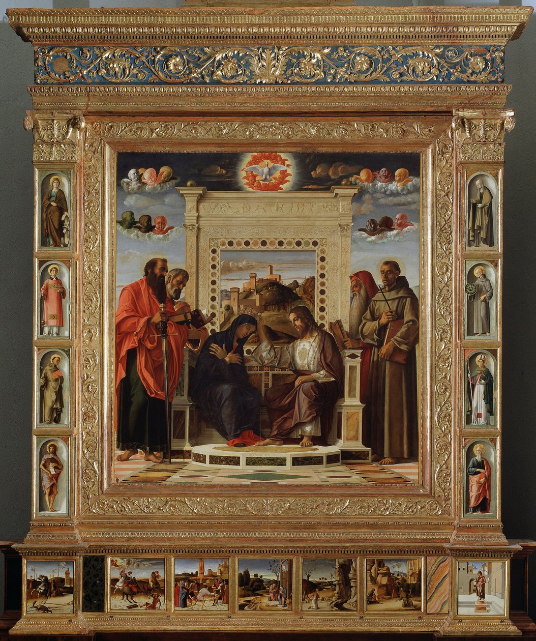 Ołtarz Bellini: część środkowa „Koronacja Matki Boskiej pomiędzy św. Piotrem i Pawłem (po lewej) oraz św. Hieronima i św. ok. 1475 Su autorstwa Giovanni Bellini