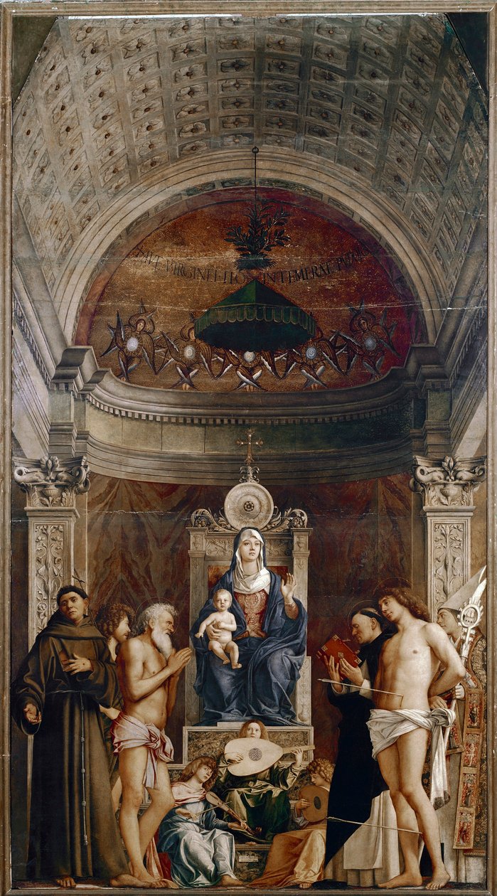 Ołtarz św. Hioba: Dziewica z Dzieciątkiem z sześcioma świętymi i Aniołami Muzyków (tempera na desce, ok. 1487) autorstwa Giovanni Bellini